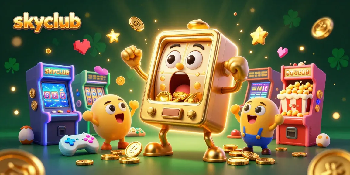 Engage in thrilling gameplay at skyclub with a joyous golden slot machine celebrating a jackpot.