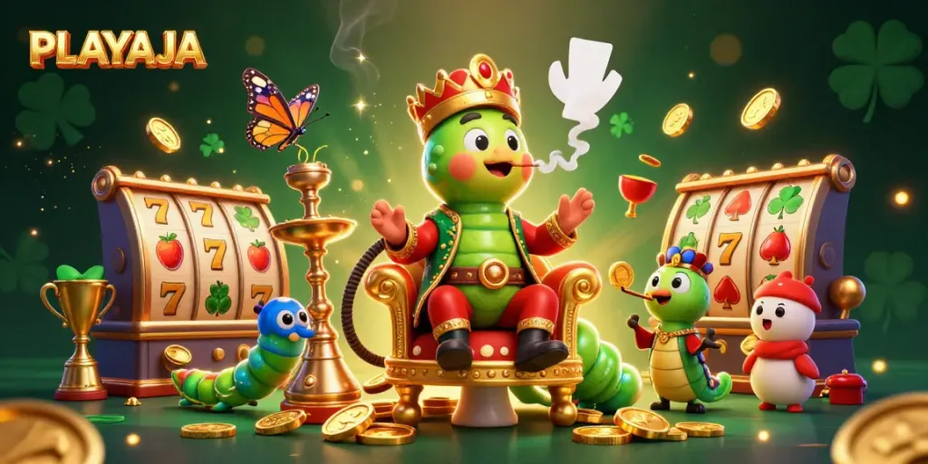 Engage with PLAYAJA through vibrant 3D casino illustration showcasing dynamic slot reels and an enchanting caterpillar host.