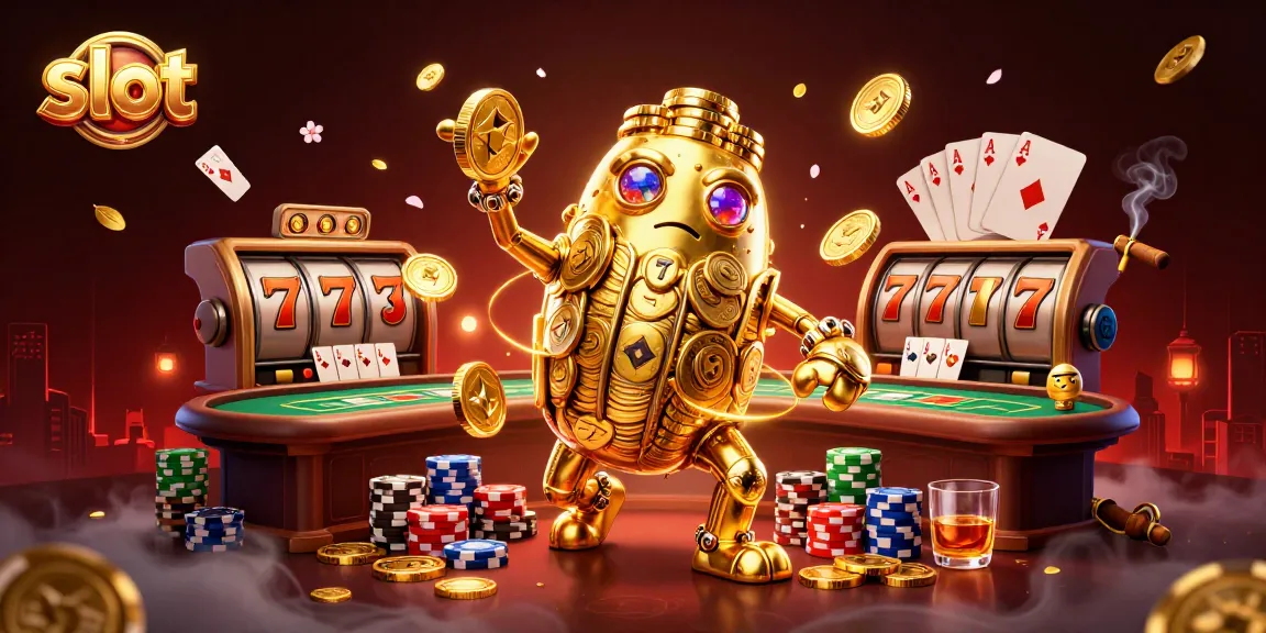 Permainan slot yang menampilkan golem emas kuno dan simbol mesin slot yang berputar, dalam latar suasana kasino.