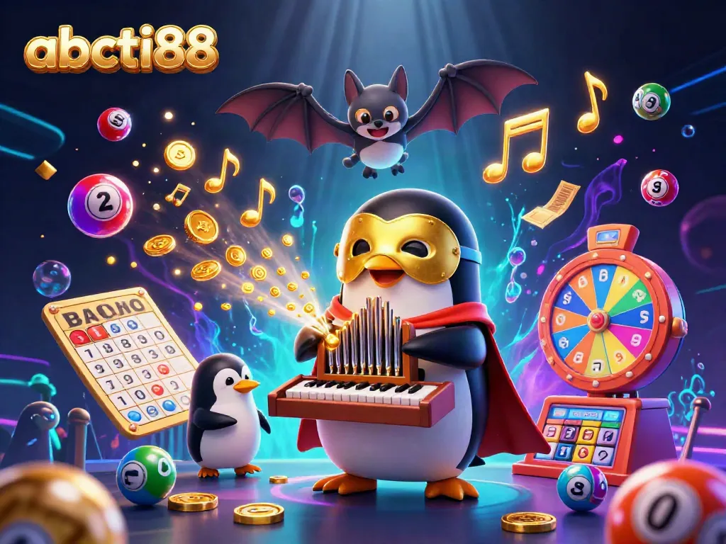 Experience exciting gameplay with abcti88 as the dynamic casino scene unfolds with floating lottery balls and golden coins.