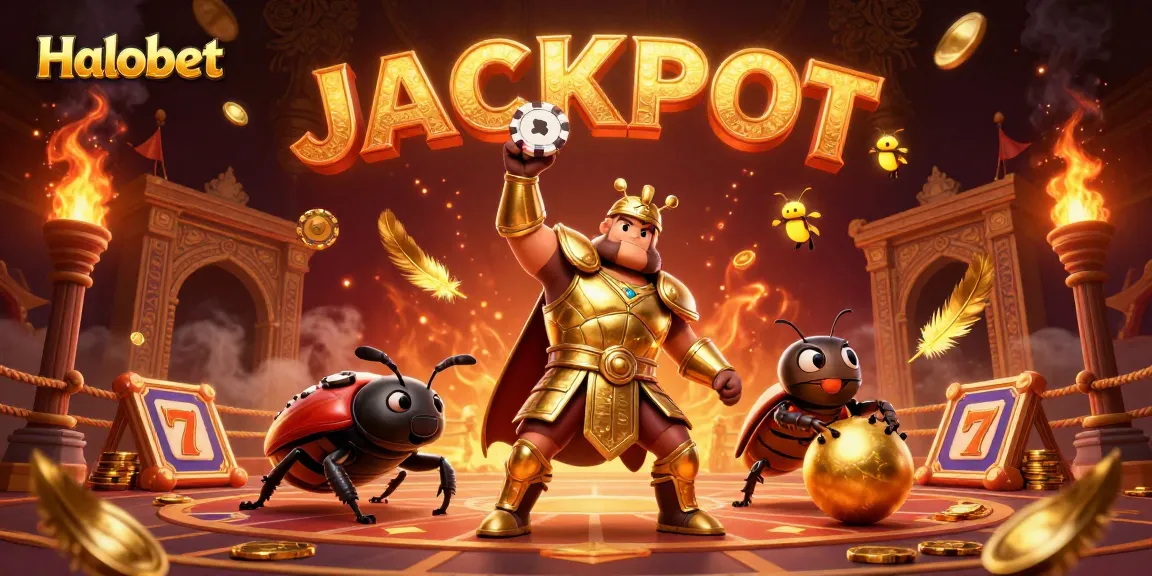 Halobet champions luck with a hercules beetle celebrating a win in a casino-themed illustration.