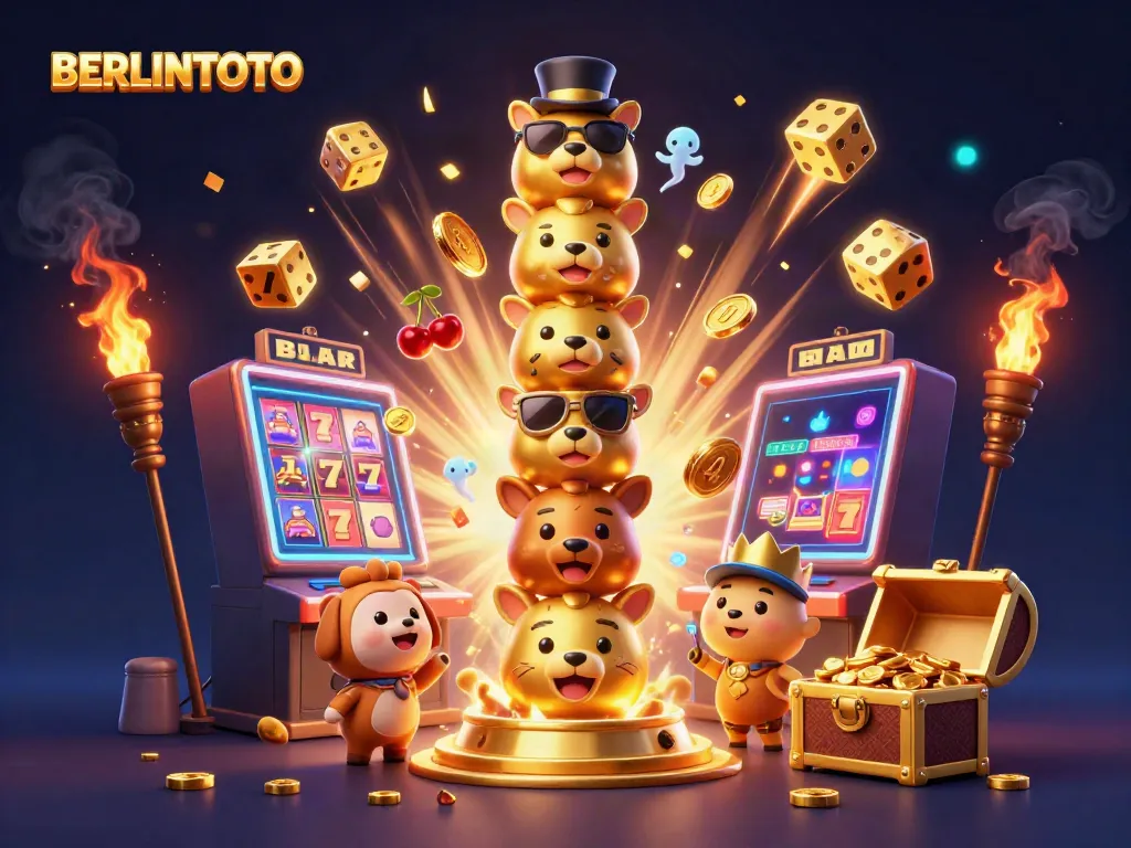 Engage with BERLINTOTO's vibrant 3D casino scene, featuring a golden totem and exploding slot machine.
