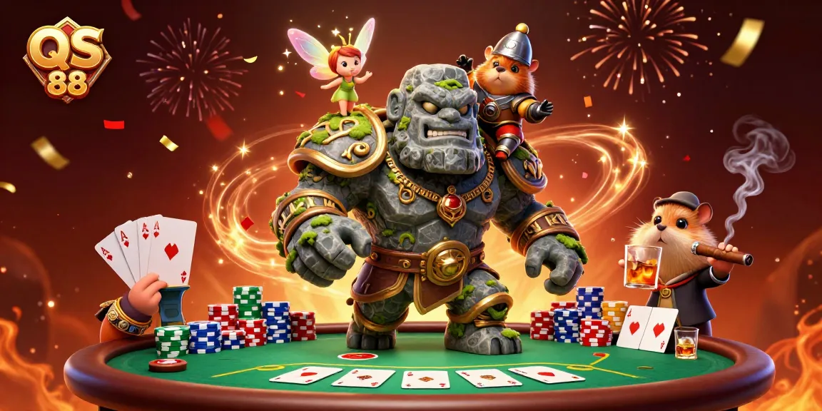 Experience thrill from QS 88 with vibrant 3D golem guardian and poker elements in action.