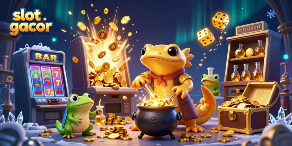 Gameplay seru dengan slot gacor, mesin slot berkilau, koin emas berjatuhan, dan pemenang merayakan.