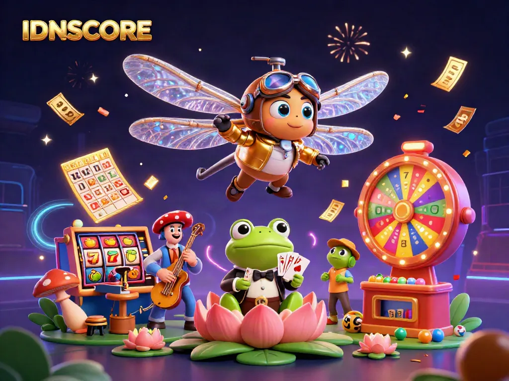 Experience thrilling play at IDNSCORE with an exhilarating 3D gaming illustration featuring a helicopter pilot dragonfly, a frog croupier, and jazz musicians.