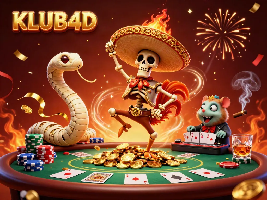 Menangkan permainan dengan KLUB4D, ilustrasi kasino dengan karakter dan tumpukan chip.