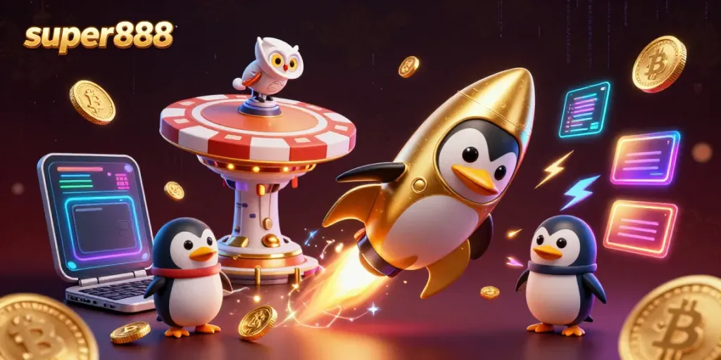 Super888 memberikan peluang menang dengan karakter kartun penguin emas dan elemen kasino menarik.