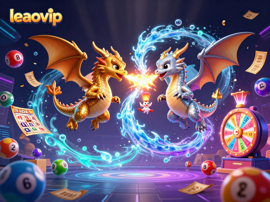 Engage with leaovip by witnessing twin 3D dragons battling elegantly amidst colorful lottery elements and vibrant casino themes.