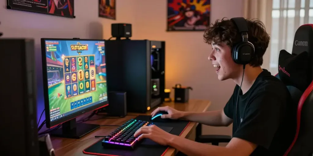 Seorang pemain terlibat dalam permainan SLOT GACOR dengan suasana gaming yang dinamis dan menyenangkan.