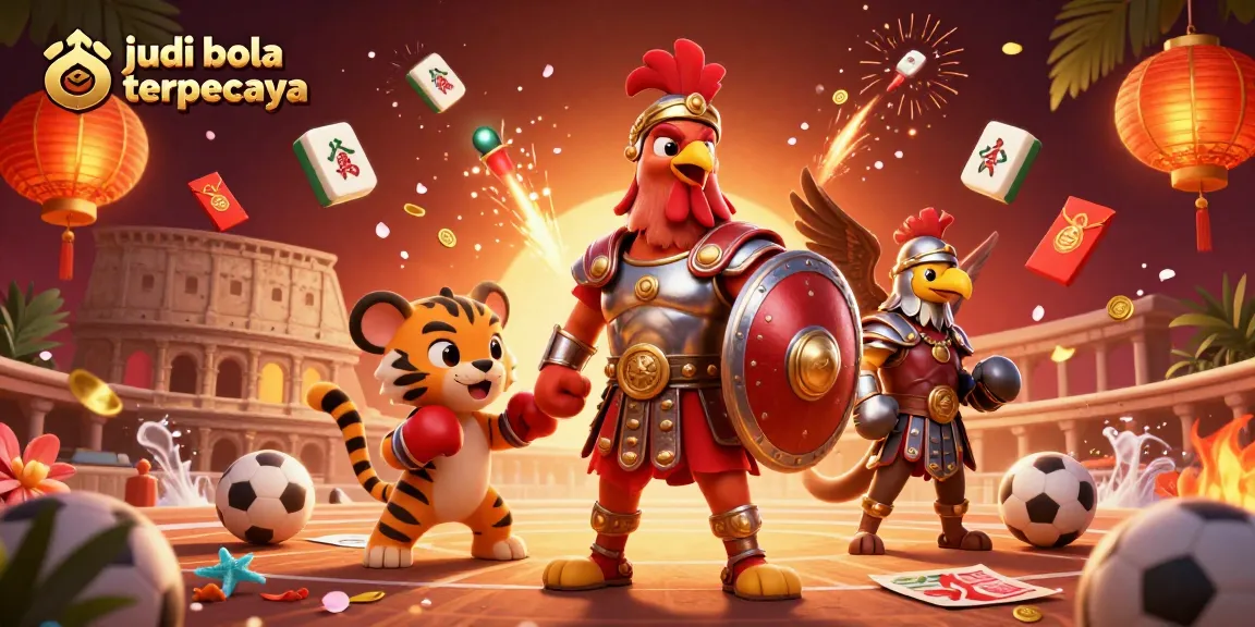 Engage with judi bola terpercaya for thrilling sports betting, featuring a gladiator rooster and dynamic game elements.