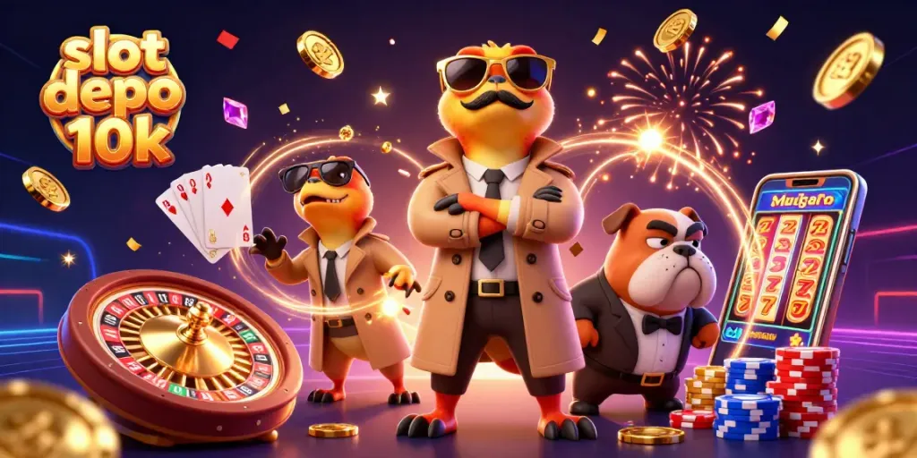Slot depo 10k dengan karakter kartun di kasino, jackpot menunggu untuk dimenangkan.