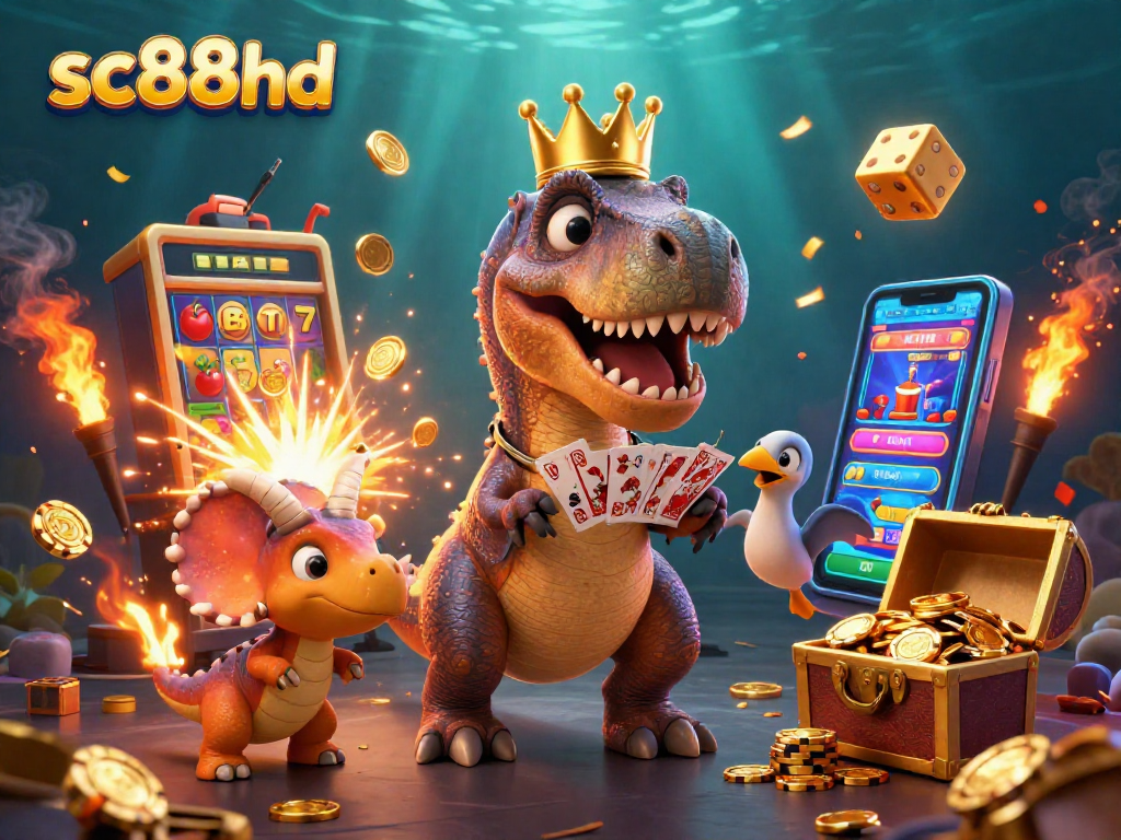 Experience sc88hd with a T-Rex shuffling cards, a pterodactyl holding them, and a triceratops stacking chips.