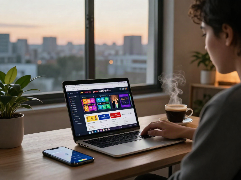 Pemain judi menikmati bandar togel online sambil duduk di meja kerja yang stylish dengan laptop terbuka dan dekorasi modern.