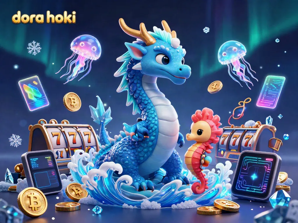 Slot permainan dora hoki dengan naga dan kudanya, dikelilingi uang crypto.