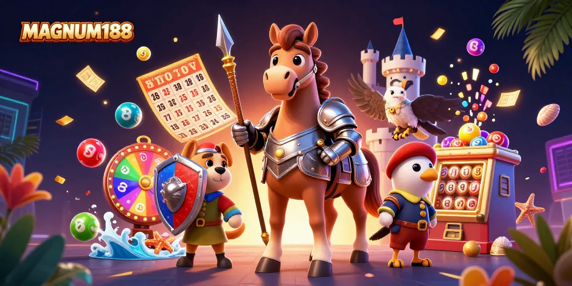 Engage with MAGNUM188's vibrant gaming world featuring colorful lottery festivities and dynamic characters.