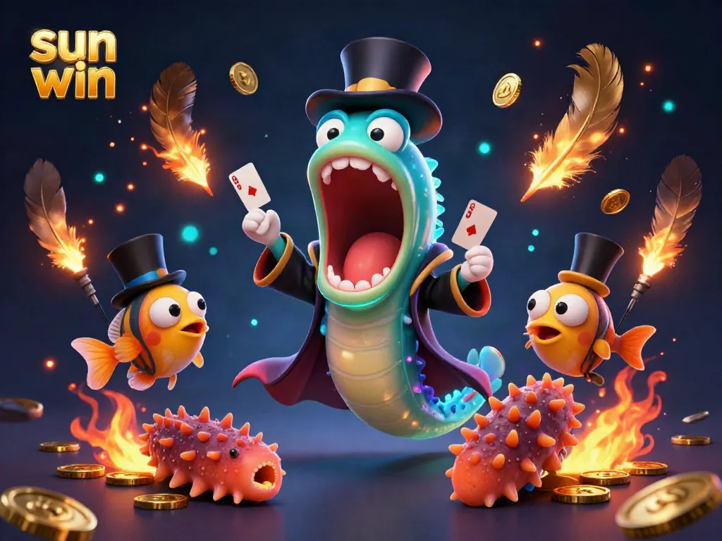 Experience the magic of sun win as a bioluminescent gulper eel performs card tricks in a vibrant casino scene.
