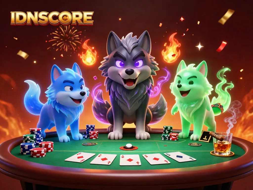 Engage in strategic play at IDNSCORE with captivating poker dynamics featuring ghostly wolves.