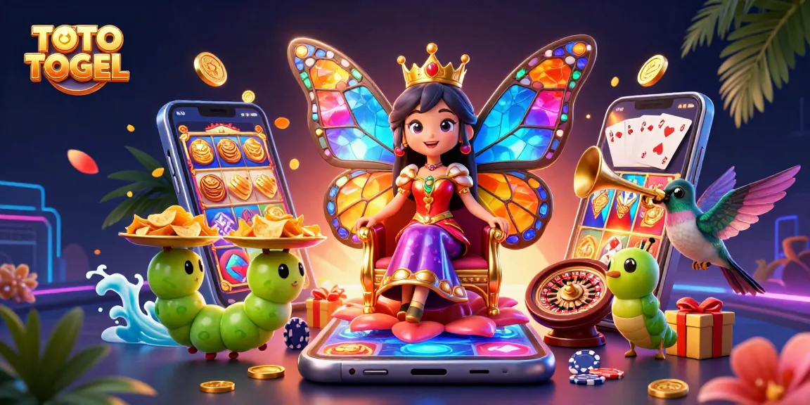TOTO TOGEL menghadirkan ilustrasi kasino 3D penuh warna dengan ratu kupu-kupu dan elemen permainan yang memikat.