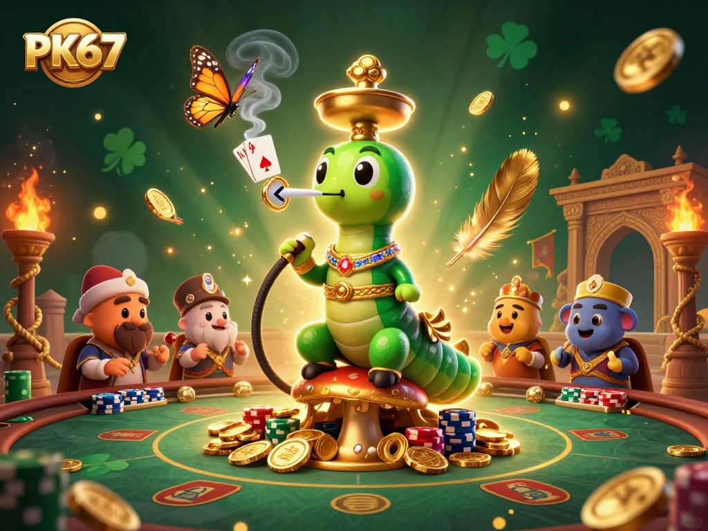 Experience thrilling gameplay with PK67's vibrant 3D casino illustration featuring poker symbols.