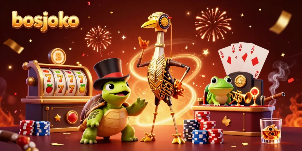 Engage with exciting slot action at bosjoko featuring vibrant characters and themed elements in a lively casino scene.