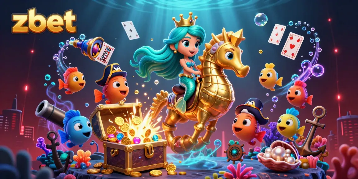 ZBET offers exciting gameplay with a cartoon mermaid princess and treasure in this vibrant casino scene.