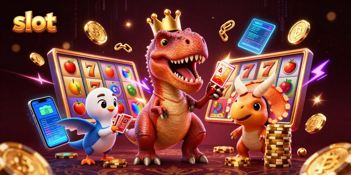 Serunya bermain slot dengan T-Rex, pterodactyl, dan triceratops, dikelilingi simbol-simbol slot.