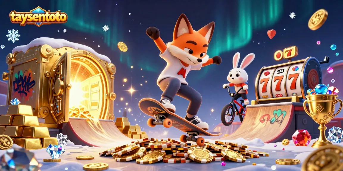 TAYSENTOTO menghadirkan aksi seru dengan karakter kartun melompati chip poker emas dalam ilustrasi kasino.