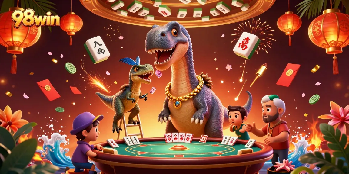Engage in thrilling 98win gameplay as a dynamic scene unfolds with cartoon characters and vibrant casino items.