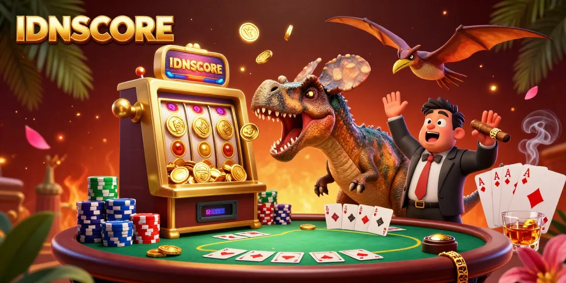 IDNSCORE inspires excitement with a pachycephalosaurus triggering jackpots while a panicked manager flails in a vibrant casino.