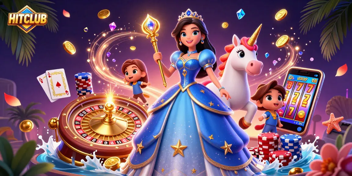 Experience HITCLUB gaming paradise with vibrant characters, golden coins, and thrilling casino elements.