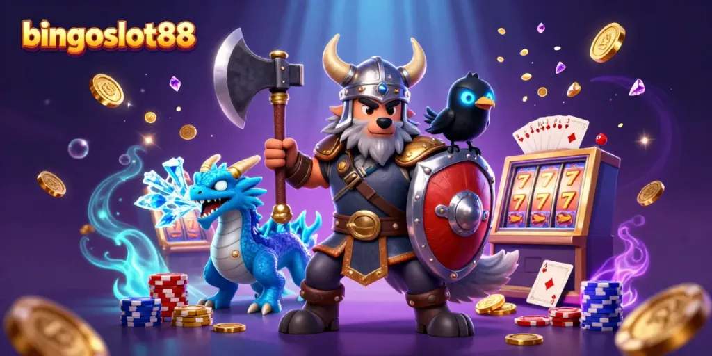 Permainan bingoslot88 dengan karakter Viking, naga, dan burung gagak di latar belakang kasino yang penuh cahaya.