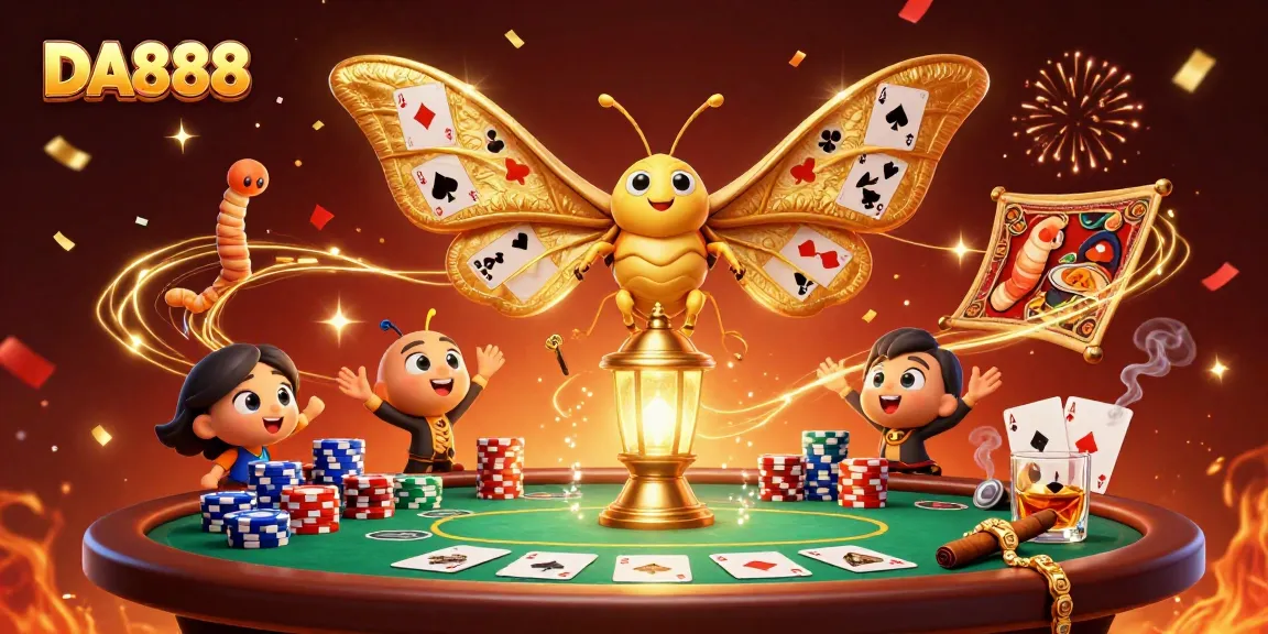 Experience thrilling poker action at DA888 with a vibrant, cinematic 3D scene of a majestic moth.