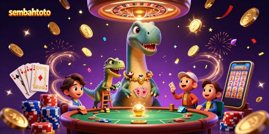Engage in the excitement of sembahtoto with a towering brontosaurus in a vibrant casino scene.
