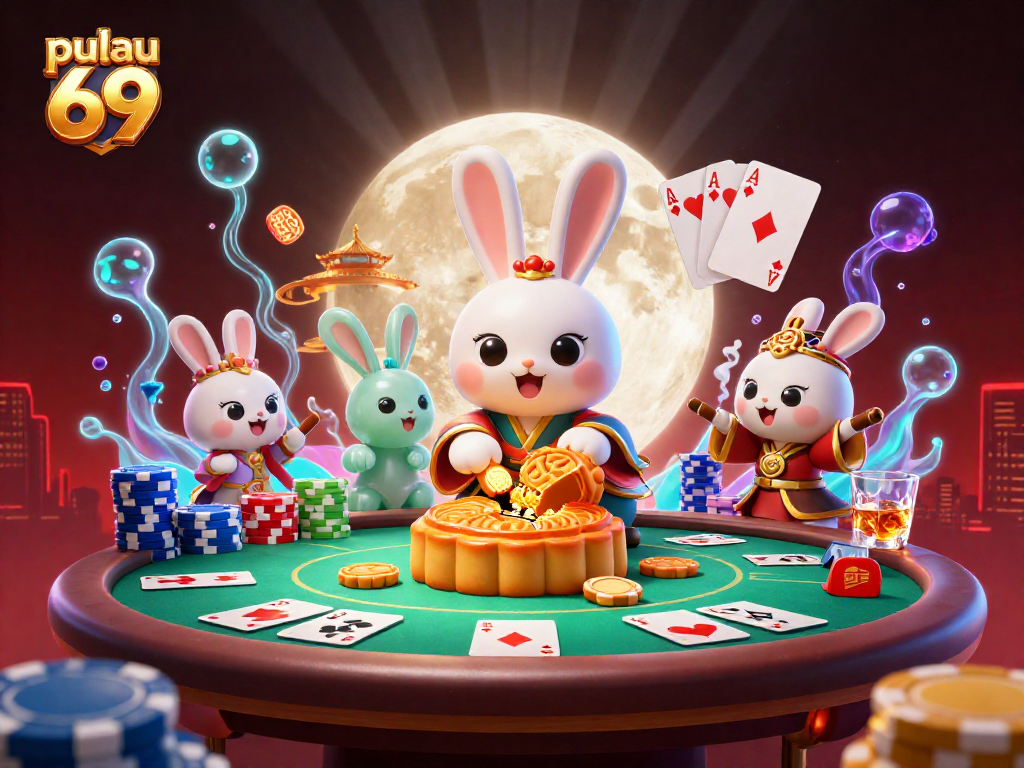 Win big at pulau 69 with a lively moon rabbit pounding mooncakes for poker chips.