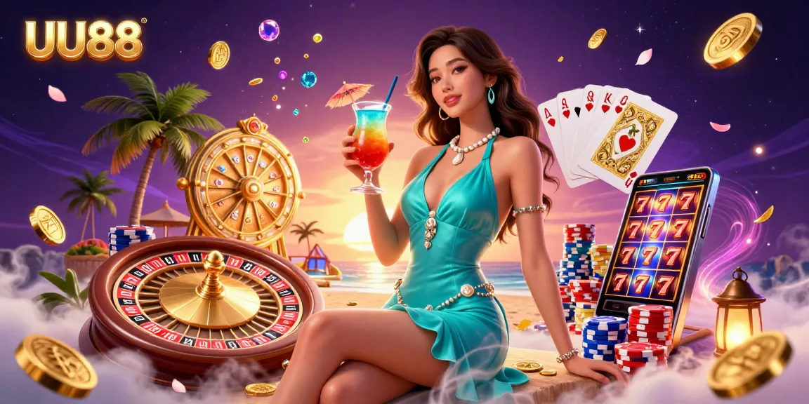 Experience the vibrant casino ambiance with UU88's stunning scene of online gaming excitement, featuring cash rewards and lucky symbols.