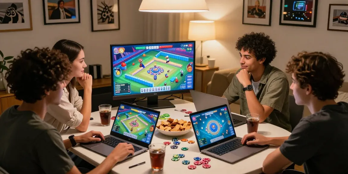 Friends enjoying CIKA4D Mahjong online game night around laptops with vibrant graphics and snacks.