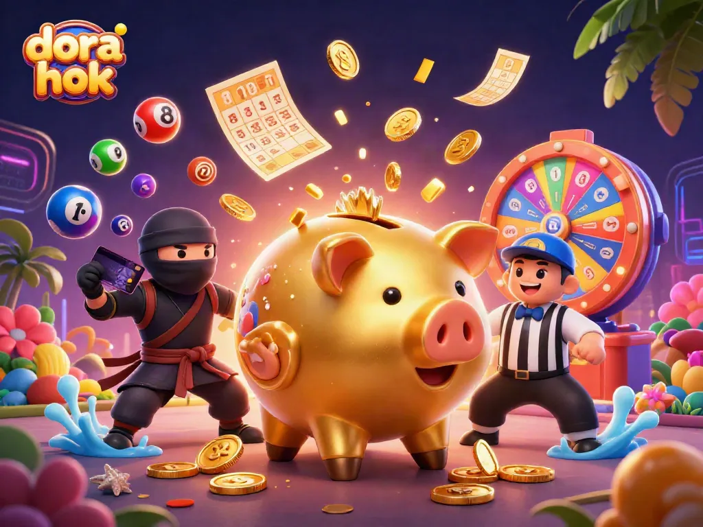 Dora hok merayakan kemenangan dengan bank piggy emas yang mengeluarkan koin di kasino virtual.