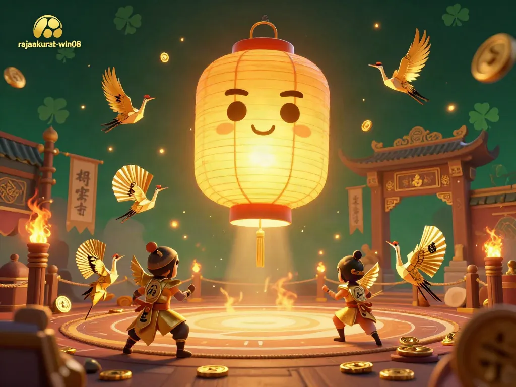 Win big with rajaakurat-win08 in this vibrant 3D illustration showcasing a golden lantern and casino elements.