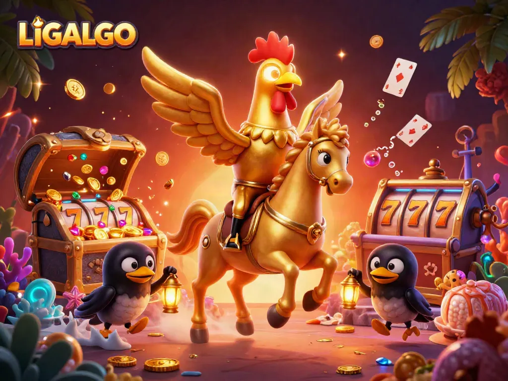 LIGALGO showcases an exciting golden rooster and spectral horse in a vibrant casino scene