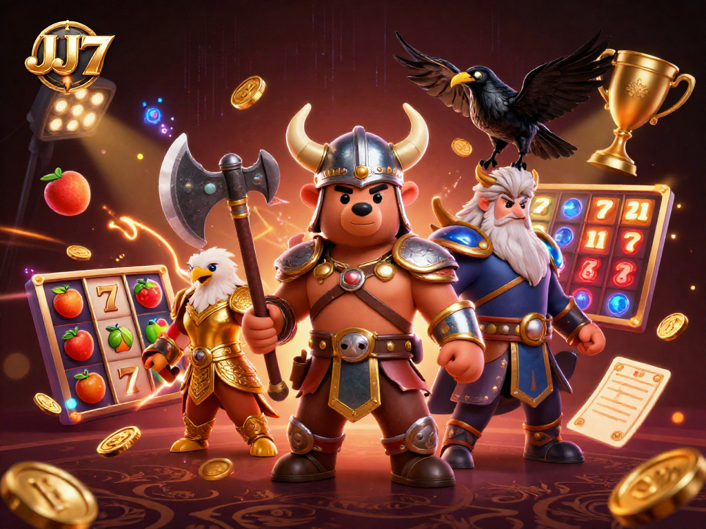 Experience thrilling gameplay at JJ77 with virtual slot reels, a Viking bear, and stunning casino visuals.