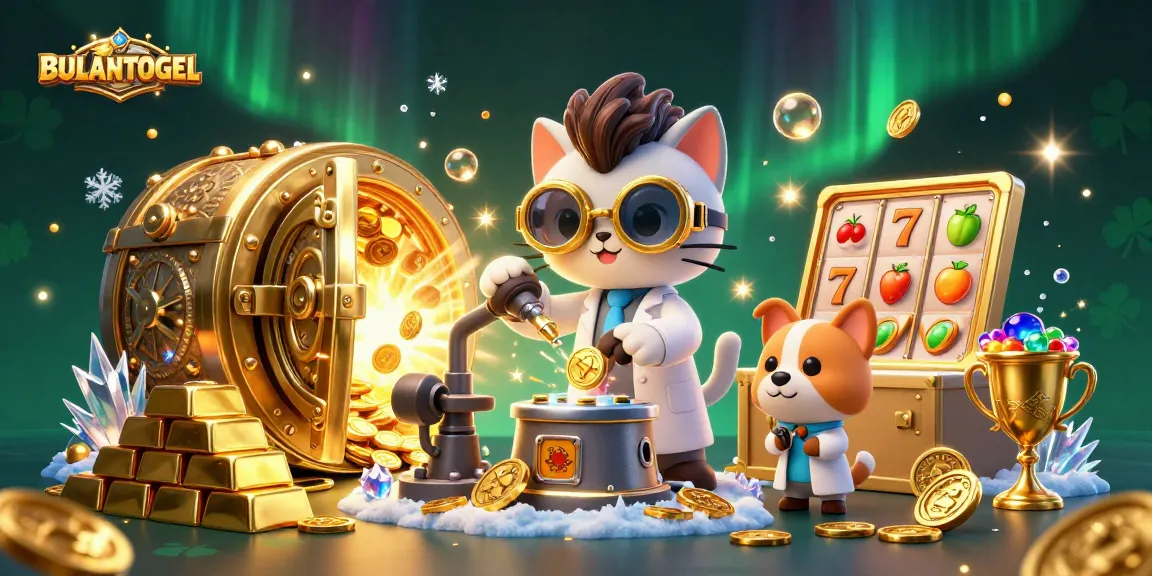 BULANTOGEL casino-themed illustration showcasing a mad scientist cat creating gold coins, surrounded by slot symbols and treasures.
