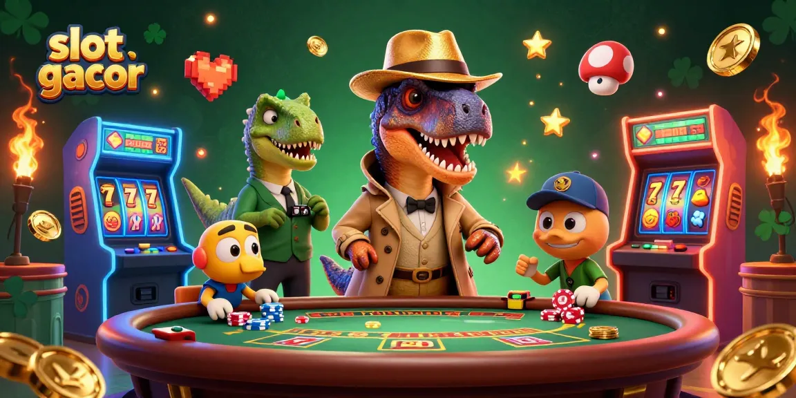 Visualisasi slot gacor dengan velociraptor di meja blackjack, menciptakan suasana kasino yang seru.