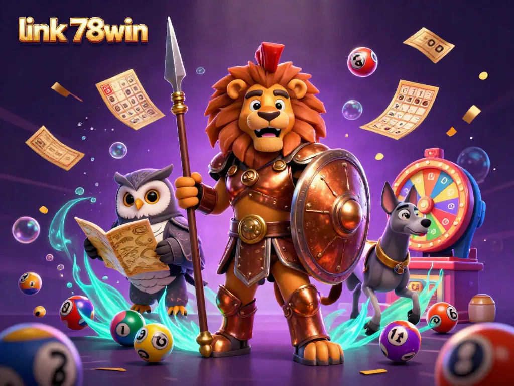 Immerse in the vibrant casino world with link 78win, featuring a heroic lion, tactical owl, and swift greyhound amidst dynamic game elements.