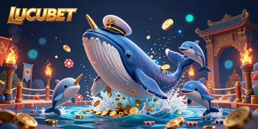 LUCUBET showcases a vibrant 3D scene of a cartoon whale and friends amidst a whirlwind of coins and gaming excitement.