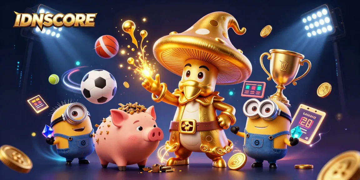 IDNSCORE game platform illustration with dynamic sports elements and magical characters
