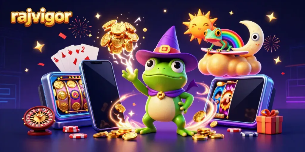 Experience the excitement with rajavigor as the wizard frog conjures golden coins amidst vibrant casino elements.