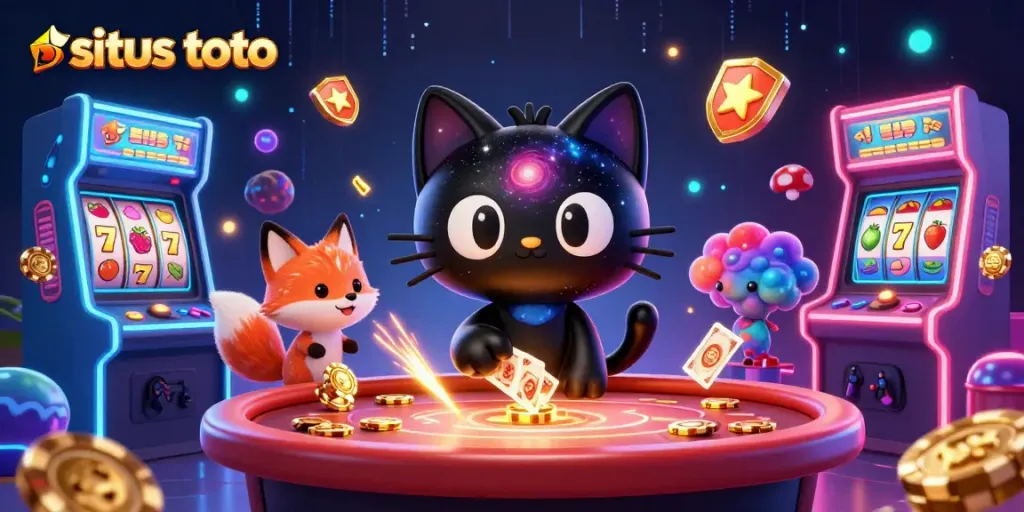 Engage with situs toto at a cosmic casino featuring an enchanting black hole cat and colorful fox.