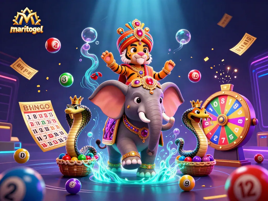 Win big with MARIATOGEL as vibrant lottery elements dance around, showcasing thrilling gameplay possibilities.
