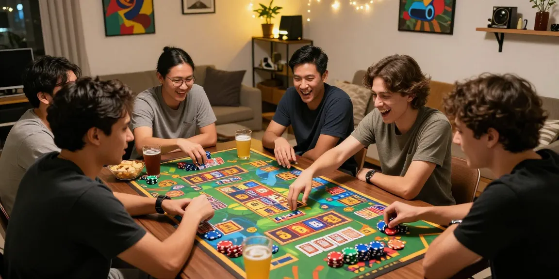 Friends enjoying a game of situs slot in a lively gaming night with snacks and drinks.