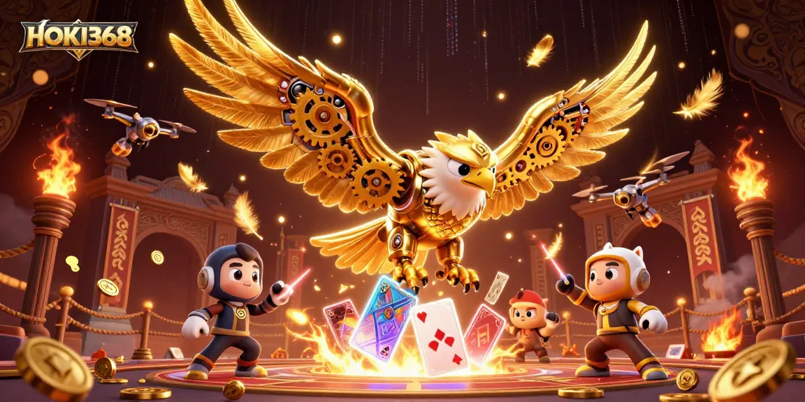 Experience thrilling gameplay with HOKI368's cybernetic eagle among holographic cards and casino elements.